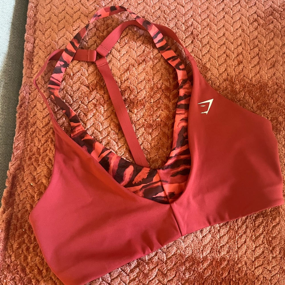 Gymshark Red Sports Bra with Animal Print Trim